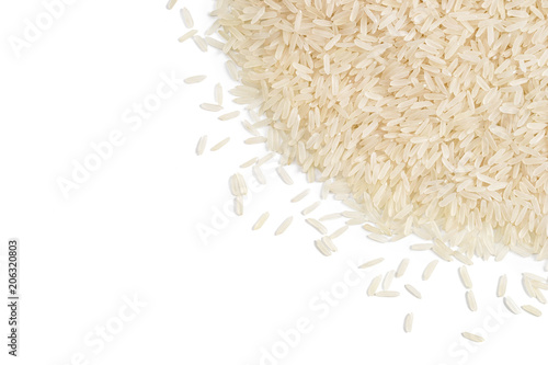 Long parboiled rice isolated on white background. Copy space for your text. Top view, high resolution product. Healthy food concept