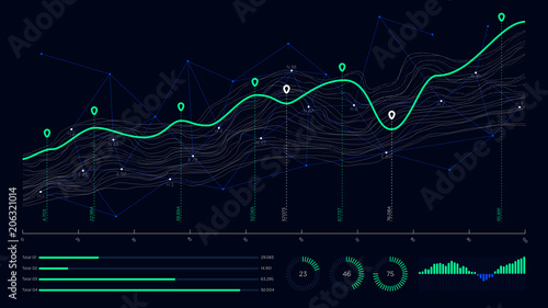 Digital business analytics concept, data threads graphic visualization