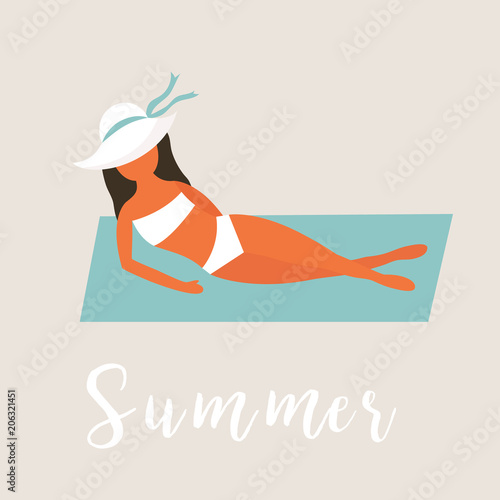 Girl sunbathing on the coast. Vintage poster