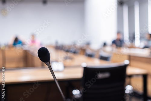 Microphone over the blurred business forum or Conference Training Learning Room Concept, Blurred background
