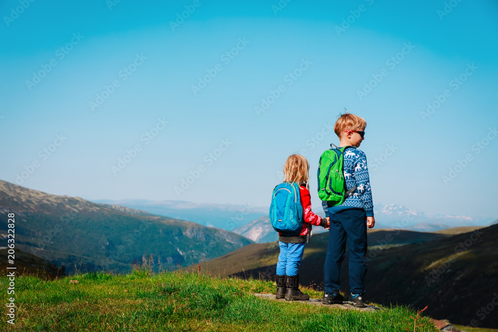 little boy and girl travel in mountains, family hiking in nature