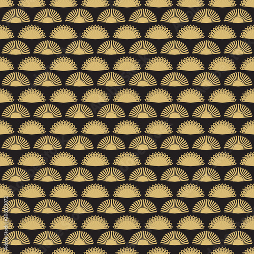 Gold hand fan seamless pattern design. Abstract geometric fans texture