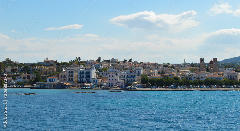 Aegina port in Aegina island, Greece on June 19, 2017