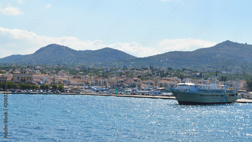 Aegina port in Aegina island, Greece on June 19, 2017