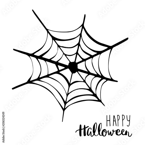 Black spider net icon. Happy Halloween text. Holiday vector background.