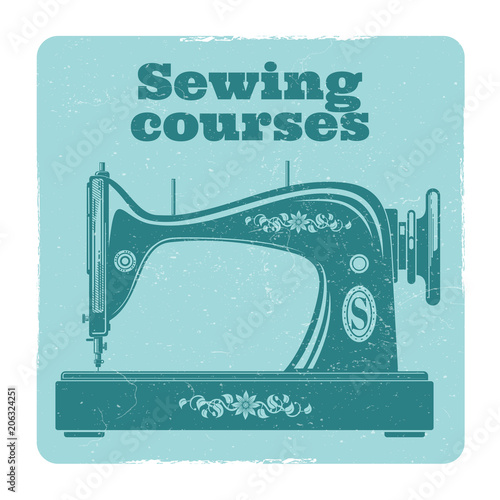 Sewing grunge vector label. Vintage sewing machine design