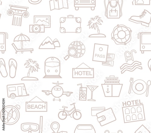 Travel, vacation, tourism, recreation, seamless pattern, outline, white, vector. Different types of holidays and ways of travelling. Gray line drawings on a white field. Monochrome background. 