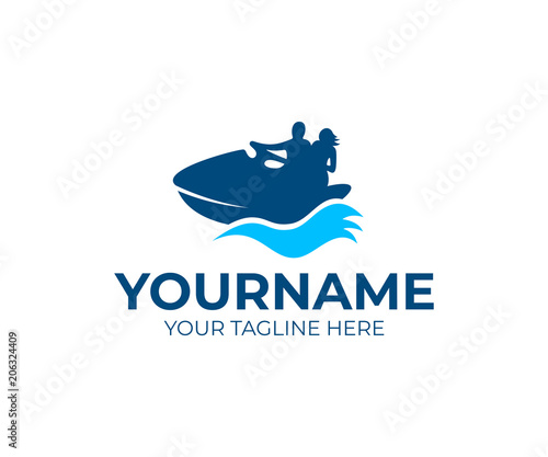 People are floating on jet ski or water scooter, logo template. Vacation, travel and sea, vector design. Water sports and transport, illustration