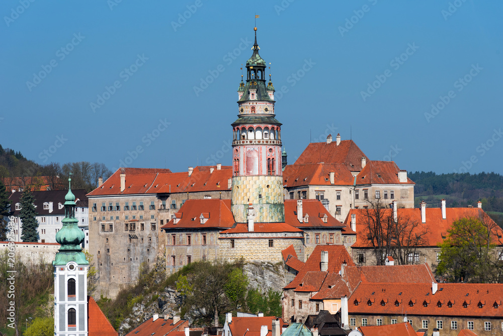 Panoramic beautiful view of historical center in Cesky Krumlov, Czech republic.