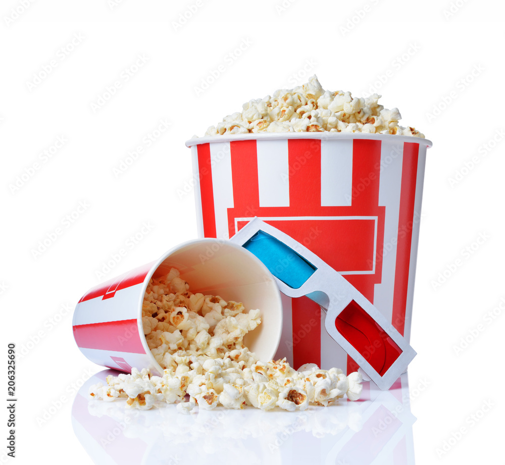 Naklejka premium Large bucket and small cup of appetizing salty popcorn with 3d anaglyph glasses