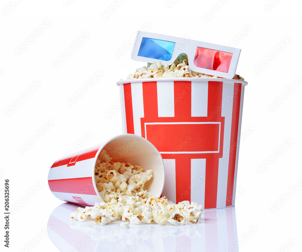 Naklejka premium Large bucket and small cup of appetizing salty popcorn with 3d anaglyph glasses