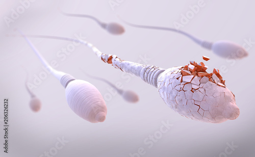 3d illustration of white damaged sperm cells swimming to the right photo