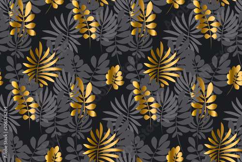 Abstract gold and black leaves tropical seamless pattern.