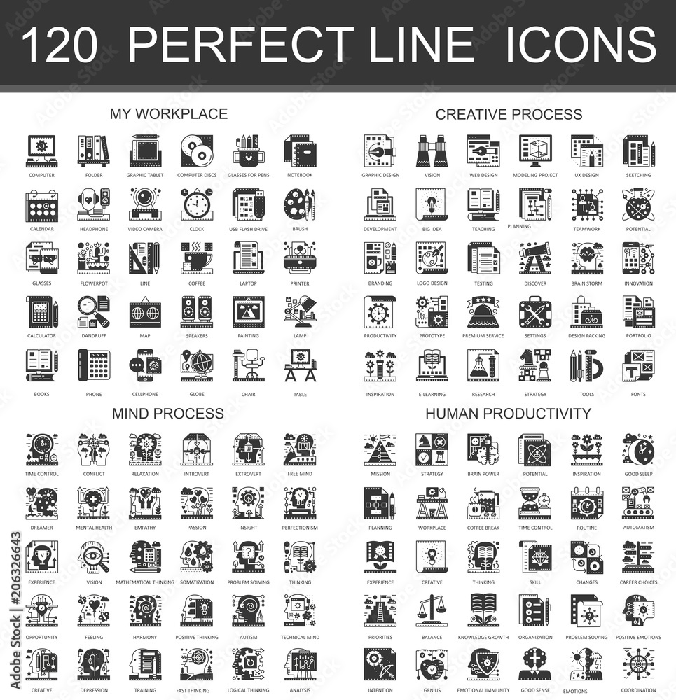 120 My workplace, creative process, mind process human productivity classic black mini concept symbols. Vector modern icon pictogram illustrations set.