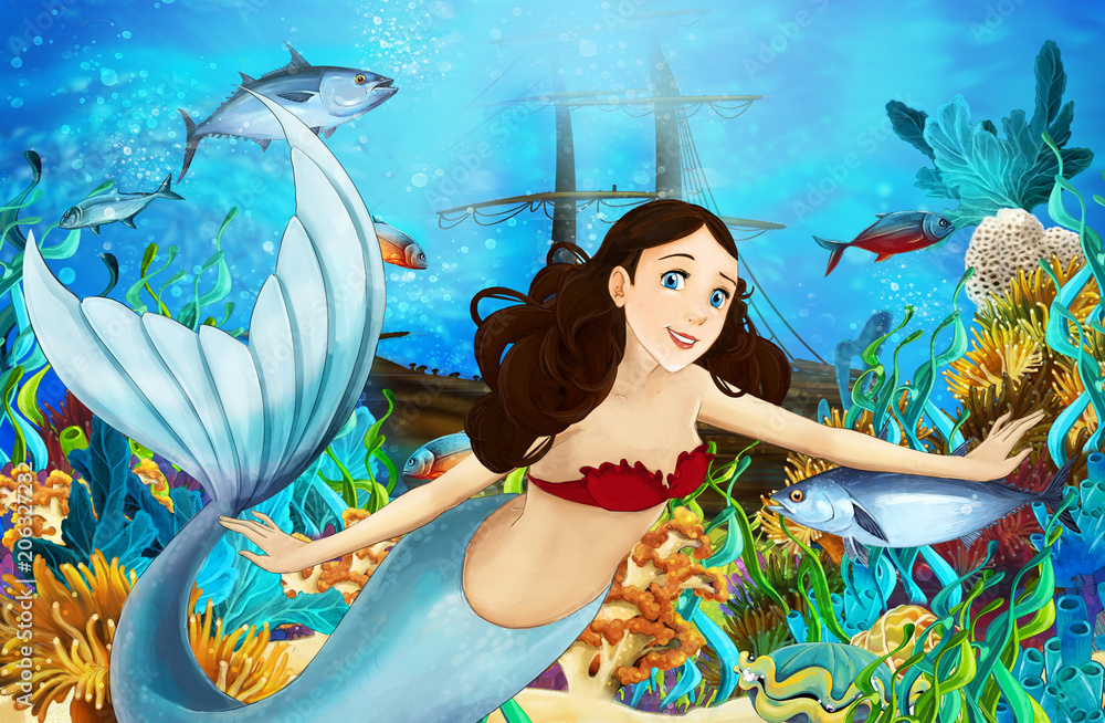 Fototapeta cartoon scene with mermaid diving near the sunken ship - illustration for children