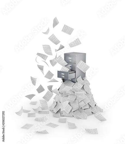 Concept of disorder. Flying documents. Documents in an office closet isolated on a white background. 3d illustration