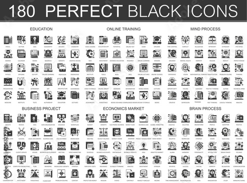 180 education, online learning, brain mind process, business project, economics market classic black mini concept icons symbols. Vector modern icon pictogram illustrations set.