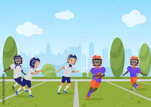 Kids children playing american football match. Vector illustration cartoon design.