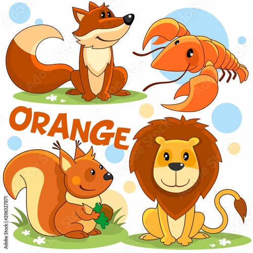 Set of wild animals of orange color for children and design. Image of fox characters, cancer, squirrel, lion.