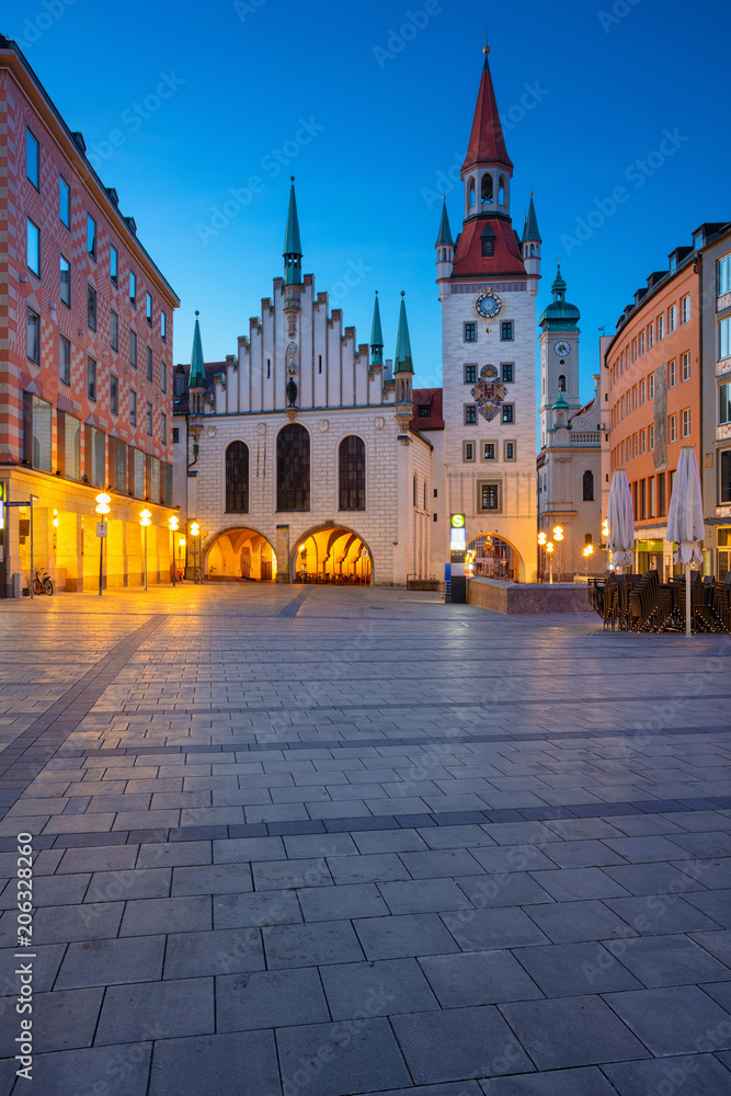 Munich. Cityscape image of Marien Square in Munich, Germany during twilight blue hour.