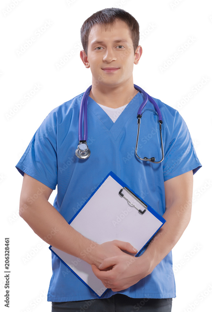 doctor with clipboard looking at camera isolated doctor with clipboard looking at camera isolated
