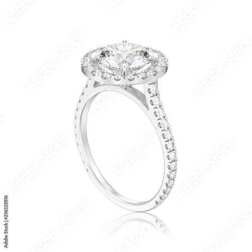 3D illustration isolated silver engagement wedding round diamond ring with reflection