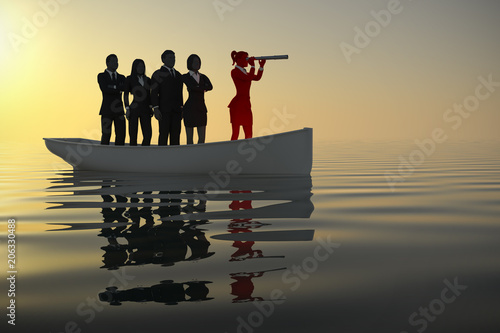 Woman Leader on boat leading a team with a telescope as 3d rendering.