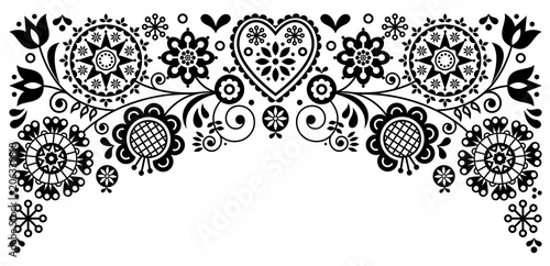 Folk art frame border retro vector greeting card design, floral black and white ornament inspired by Scandinavian art
