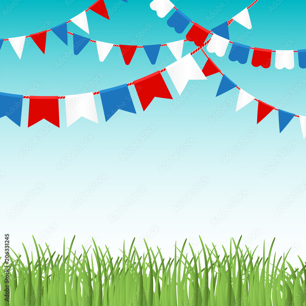 Fototapeta premium Vector illustration of Blue sky and green grass landskape with colorful flags garlands.