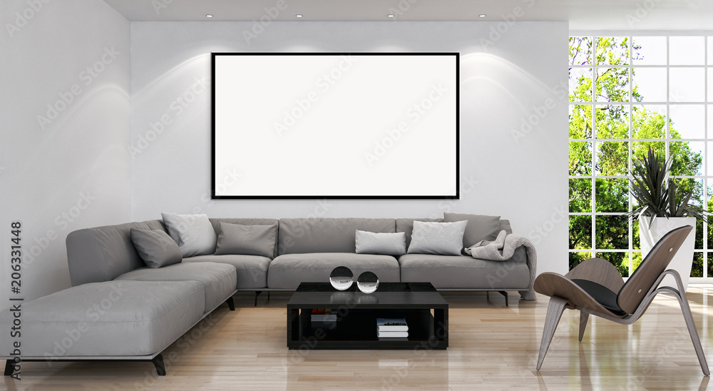 Fototapeta premium Modern bright interiors apartment with mockup poster frame 3D rendering illustration