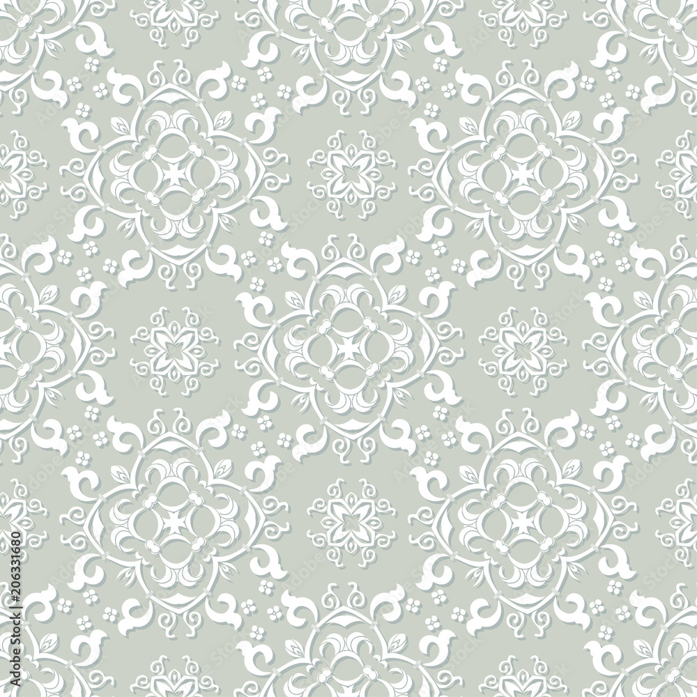 Silver grey and white damask seamless pattern. Victorian old style, luxury ornament.