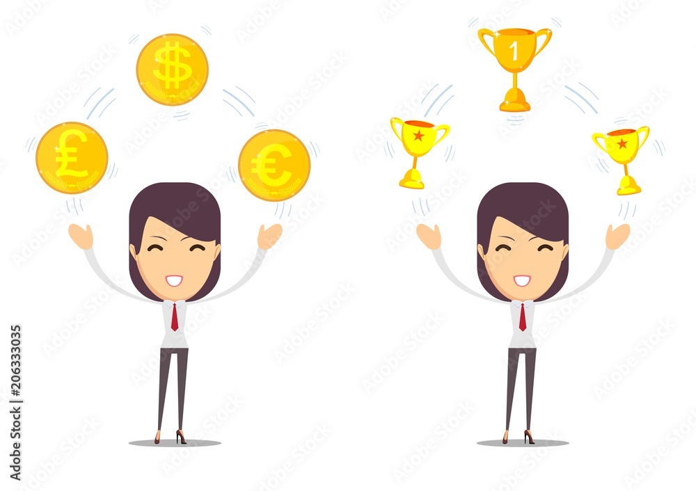 Woman holding cup, award, money prize. Stock flat vector illustration Woman holding cup, award, money prize. Stock flat vector illustration