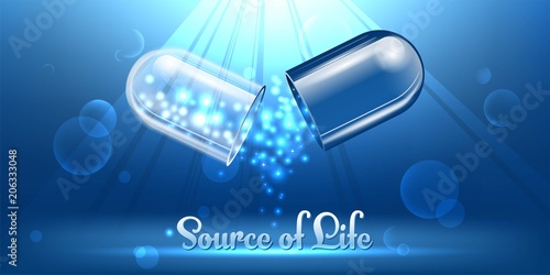 Source of life. Opening a medical blue capsule. Sparkles on a blue background