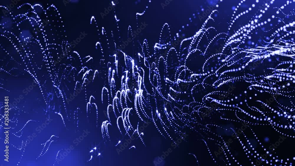 3d render loop animation of glow particles form oscillating lines as swinging garland as holyday background or abstract background of particles with depth of field and bokeh like vj loop. Blue 9