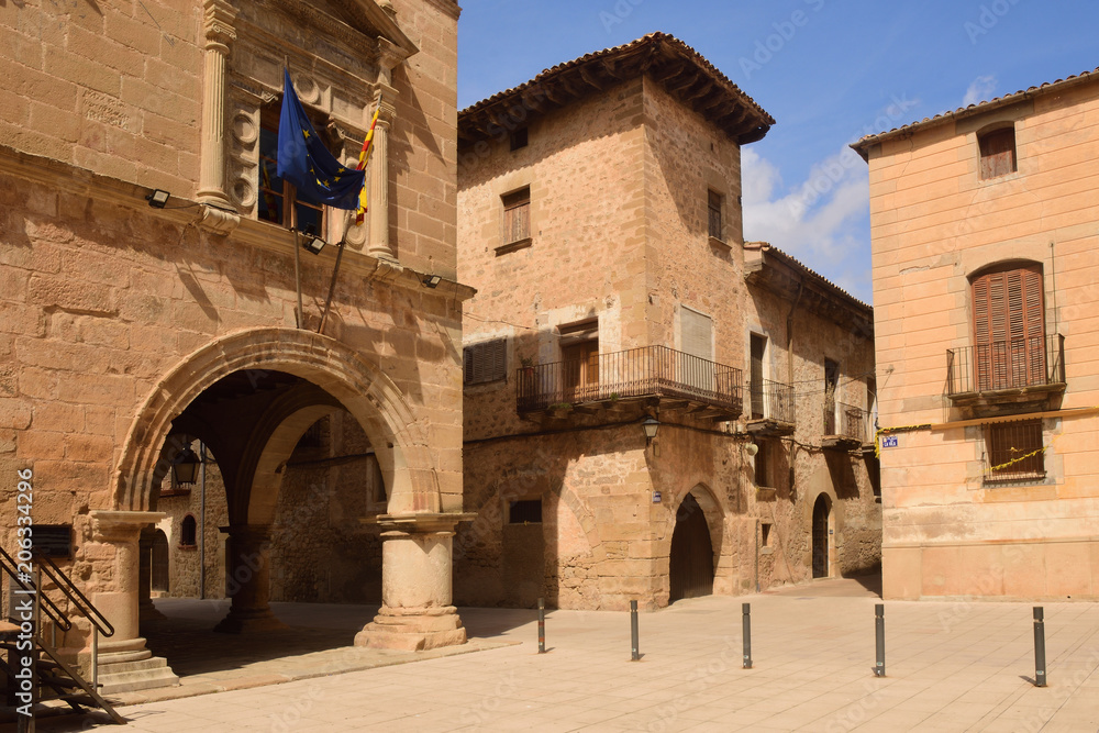 square and town hall of the village of Arnes, Terra Alta, Tarragona province, Catalonia, Spain