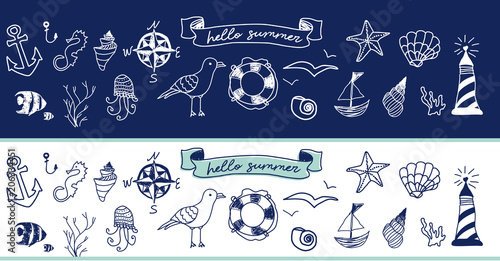 Hand drawn chalk doodle. Set of nautical illustration of ocean life, seafood, underwater world. Ribbon banner "Hello summer" Seamless navy blue pattern with white thin line. Marine background theme.