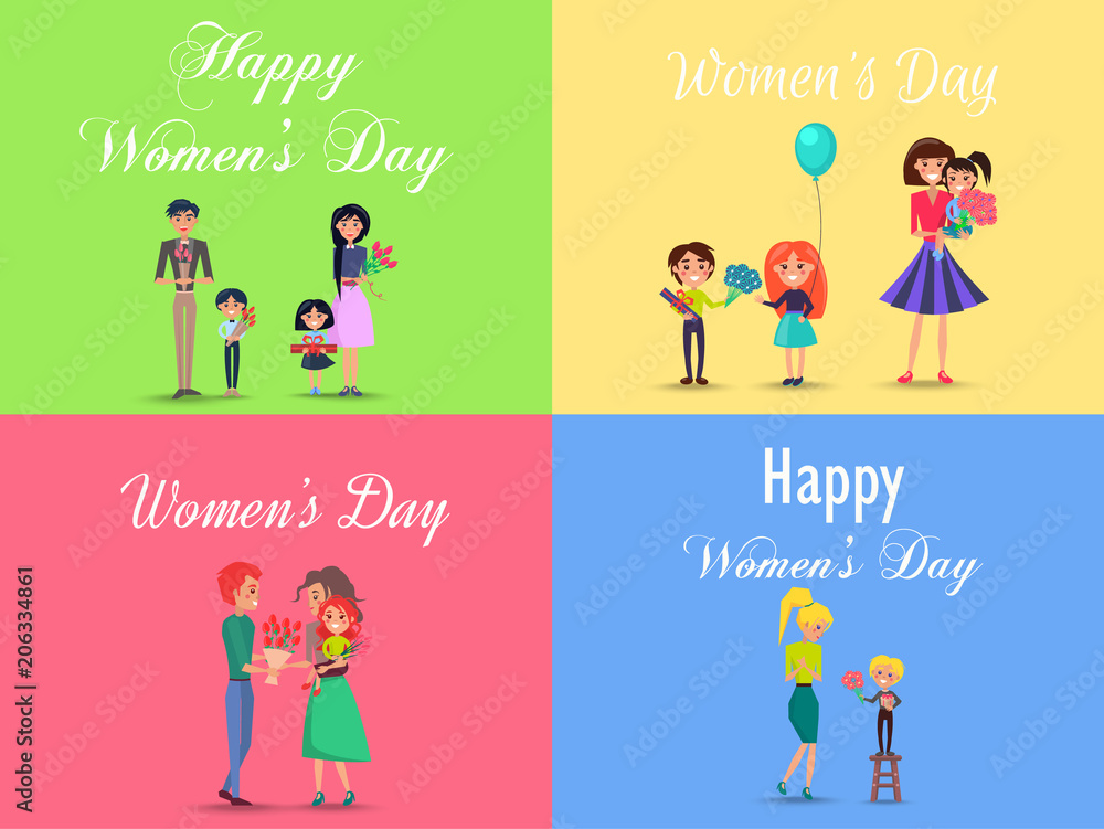 Concept of Happy Womens Day on Four Postcards Concept of Happy Womens Day on Four Postcards