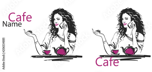 vector sketch of a girl at a cafe table, isolated objects. You can substitute your name and color of your design