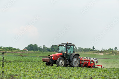 Farmer seeding  sowing crops at field. Sowing is the process of planting seeds in the ground as part of the early spring time agricultural activities.