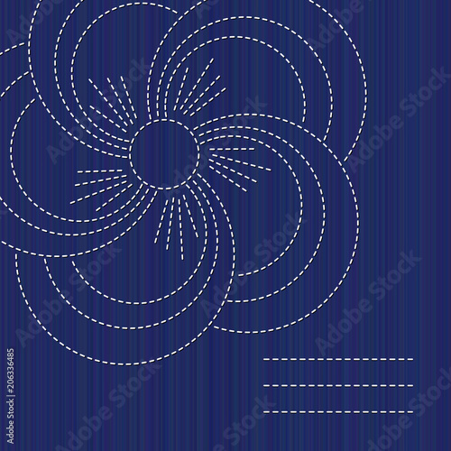 Sashiko banner with blooming sakura flower and copy space. Text frame. Abstract seamless texture. Indigo color. Classic japanese quilling. Needlework texture. For handiwork, banner or postcard decor.