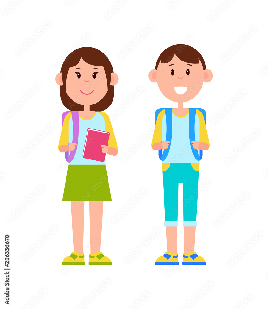 Schoolboy and Schoolgirl Color Vector Illustration