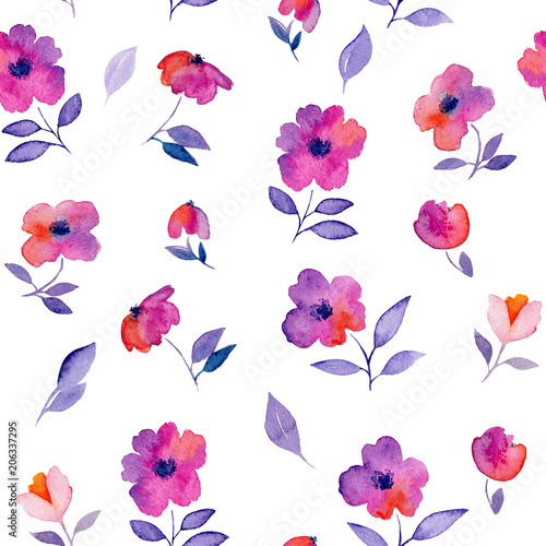 Watercolor seamless pattern with pink flowers.
