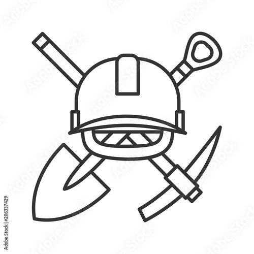 Crossed shovel and pickaxe with hard hat linear icon
