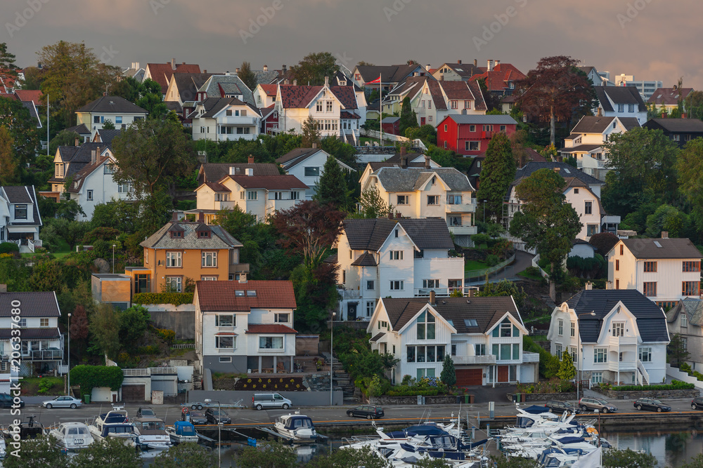 Evening view of Gamle Stavanger - historical area of Stavanger city with wooden houses, Norway