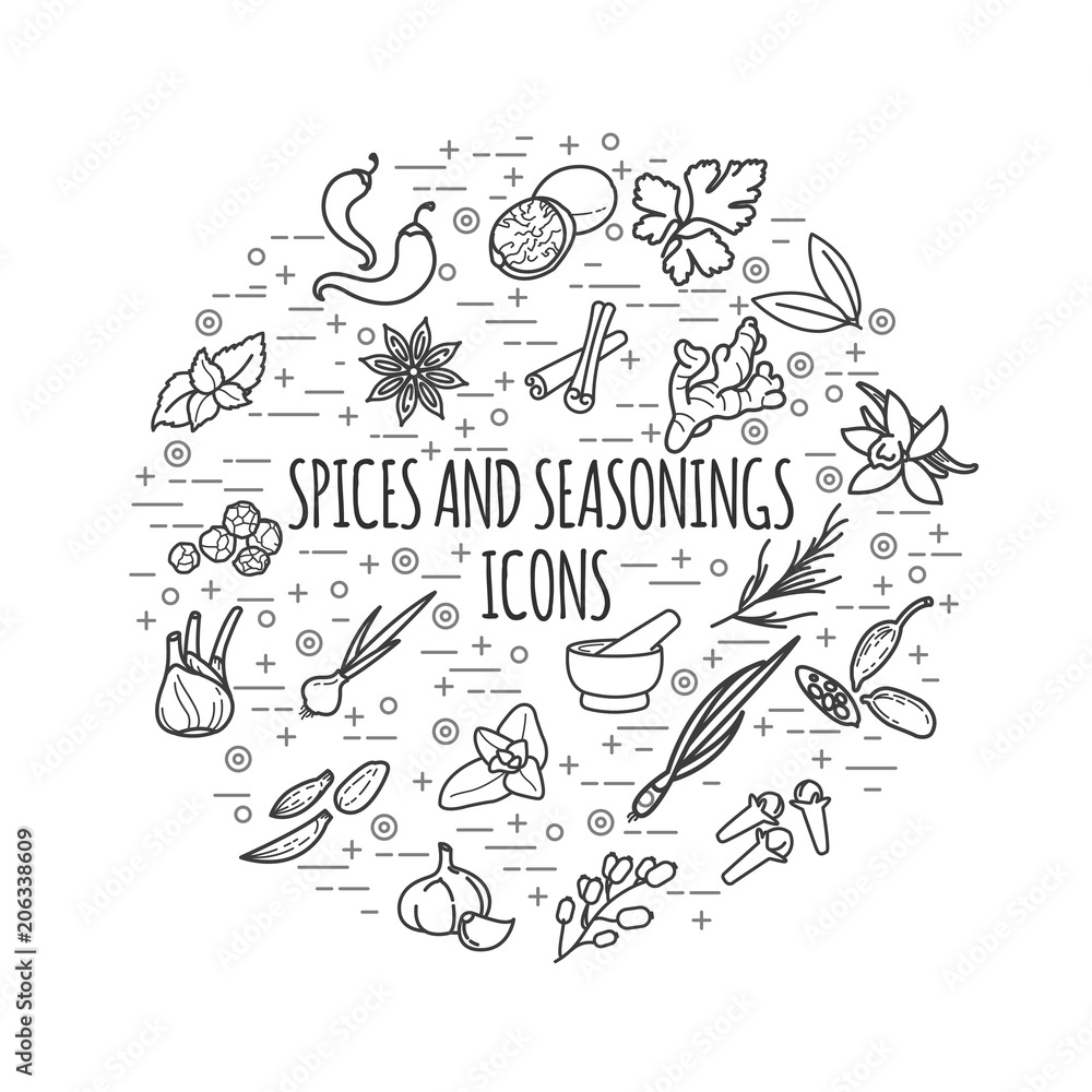 Spices and seasonings thin line icons. Round illustration Spices and seasonings thin line icons. Round illustration
