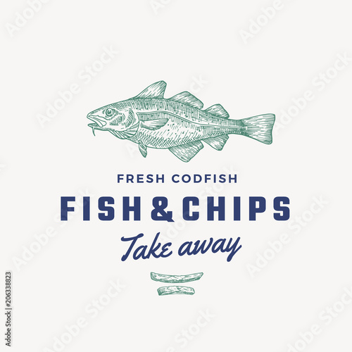 Fish and Chips Abstract Vector Sign, Symbol or Logo Template. Hand Drawn Cod Fish and Potato Fries with Classy Retro Typography. Vintage Vector Emblem.