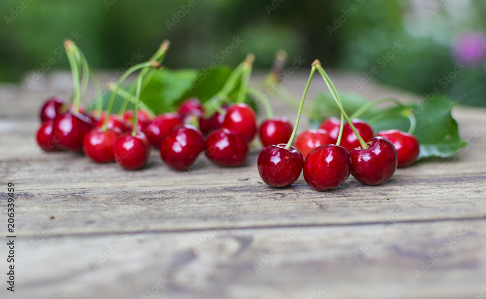 Freshly picked, delicious  cherries on old wooden table
