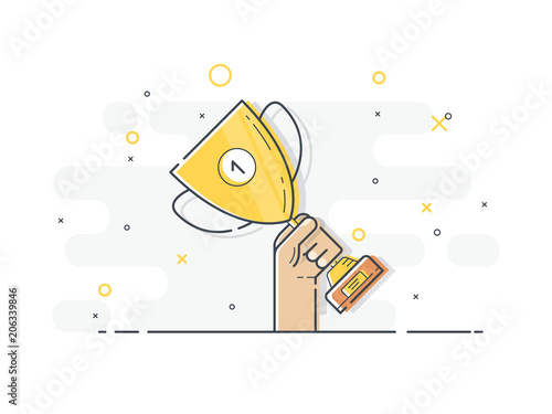 Gold cup in hands. Hand holding winner's trophy award. Trendy flat vector on white background. Vector Illustration. 