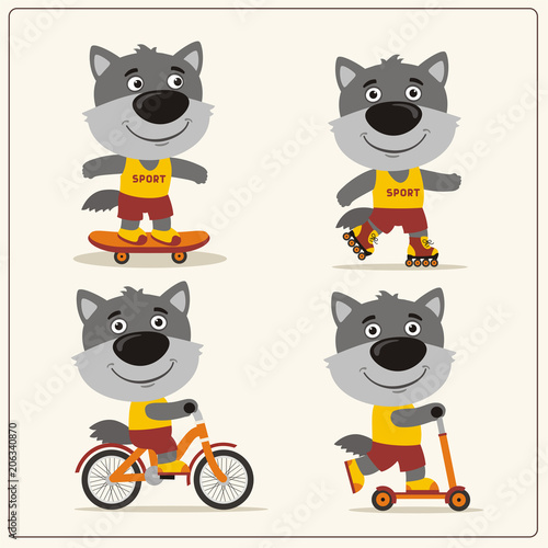 Set of isolated funny wolf on bike, skateboard, scooter and roller skates.