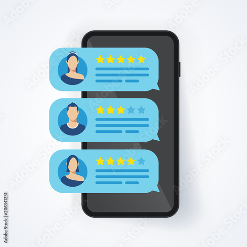 Vector illustration feedback review rating stars bubble speeches on mobile phone, smartphone with good and bad rate 